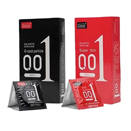 ถุงยางอนามัย  001 JUNCAI (10ชิ้น/กล่อง) บางมาก 0.01 มม. บางเฉียบเหมือนเสียบสด ขนาด 52 มม. ( รหัส T32 )